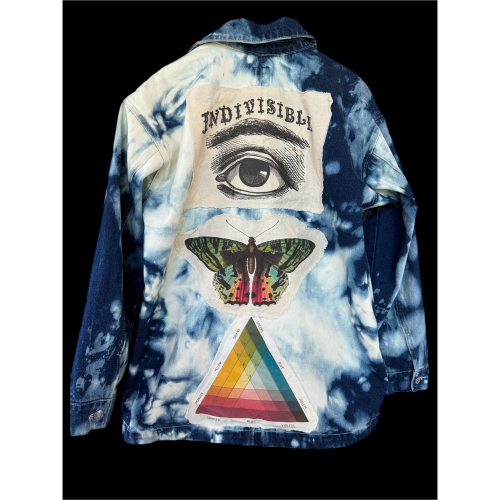 One-of-One Oversized Bleached Denim Chore Jacket | Folk Art Butterfly Art Coat